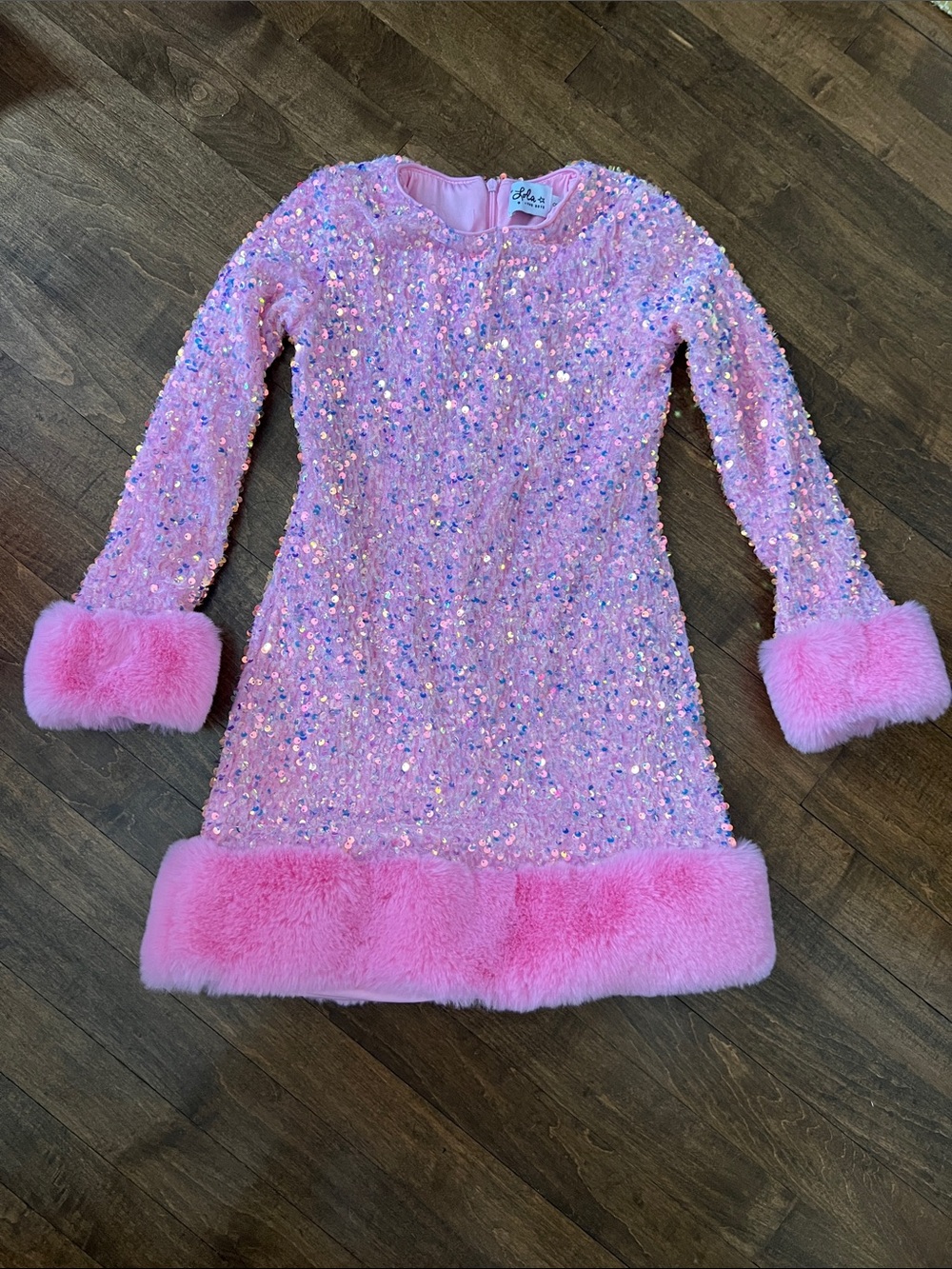 Lola + The Boys Pink Sequin & Faux Fur Trim Dress